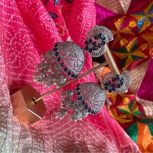 Sparkly AD Navy & Silver Jhumka - Earrings
